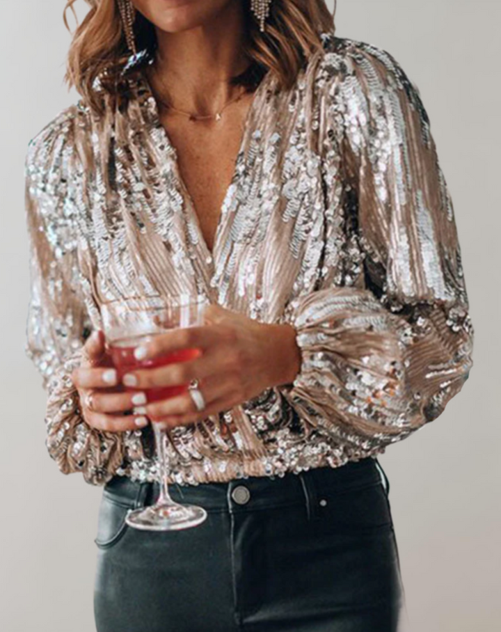 Shimmering Top with Lantern Sleeves and V-Neck - Celia-S-The Livary