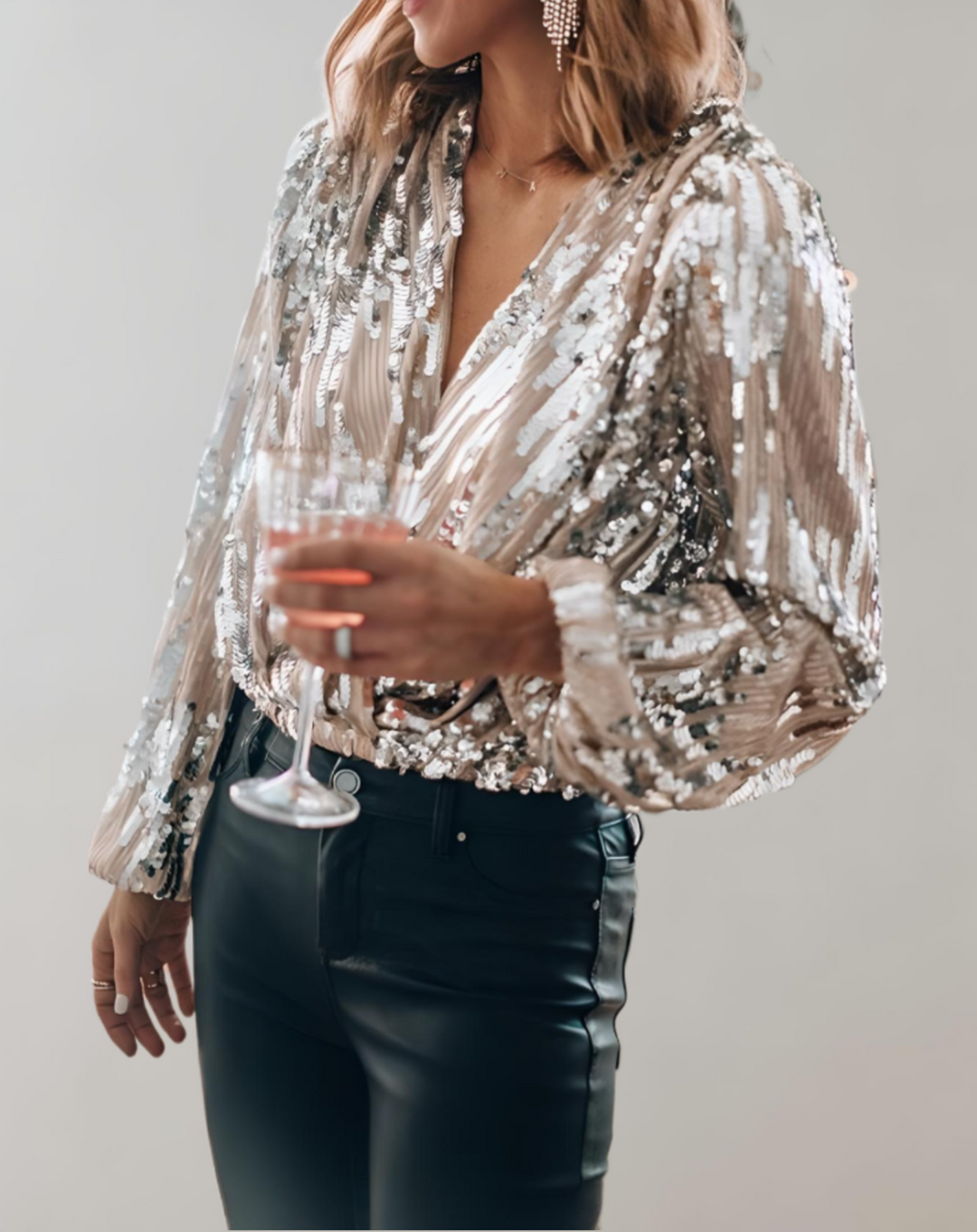 Shimmering Top with Lantern Sleeves and V-Neck - Celia-S-The Livary
