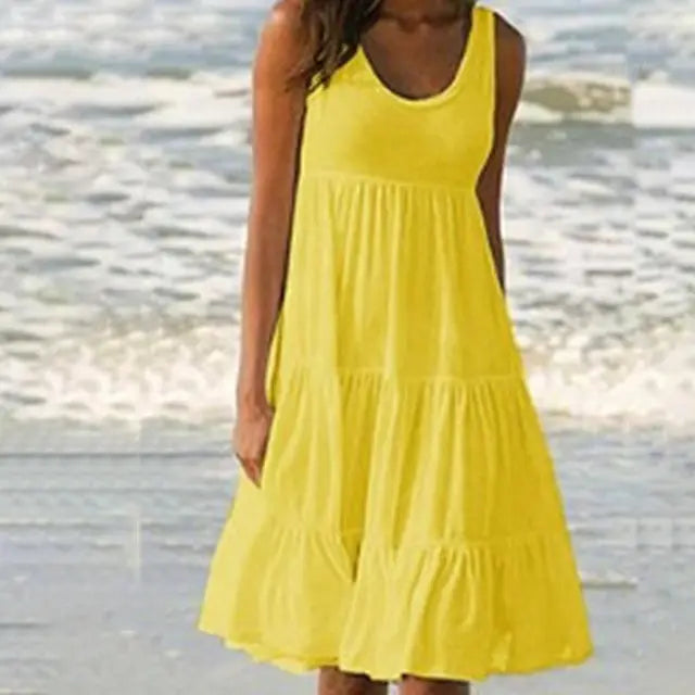 Trendy sleeveless mini dress with round neckline – Amelie-Yellow-S-The Livary