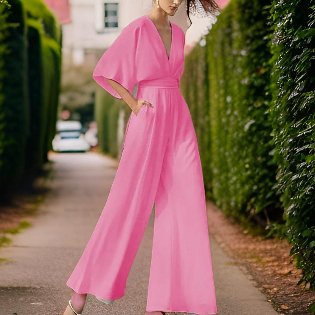 V-neck Jumpsuit with Three-Quarter Sleeves - Aurora Chic-Pink-S-The Livary
