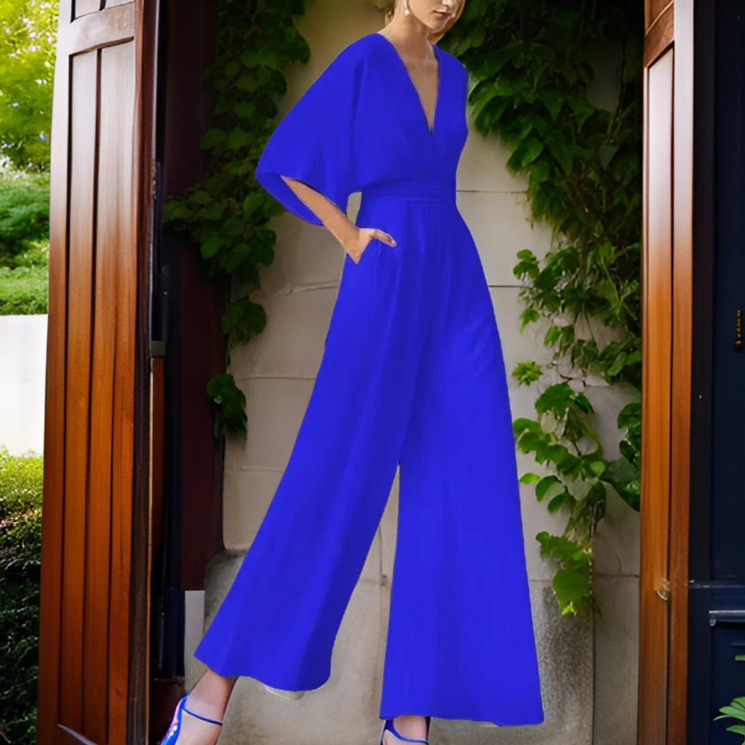 V-neck Jumpsuit with Three-Quarter Sleeves - Aurora Chic-Blue-S-The Livary