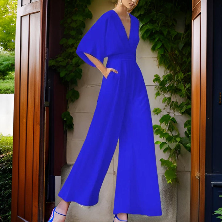 V-neck Jumpsuit with Three-Quarter Sleeves - Aurora Chic-Blue-S-The Livary