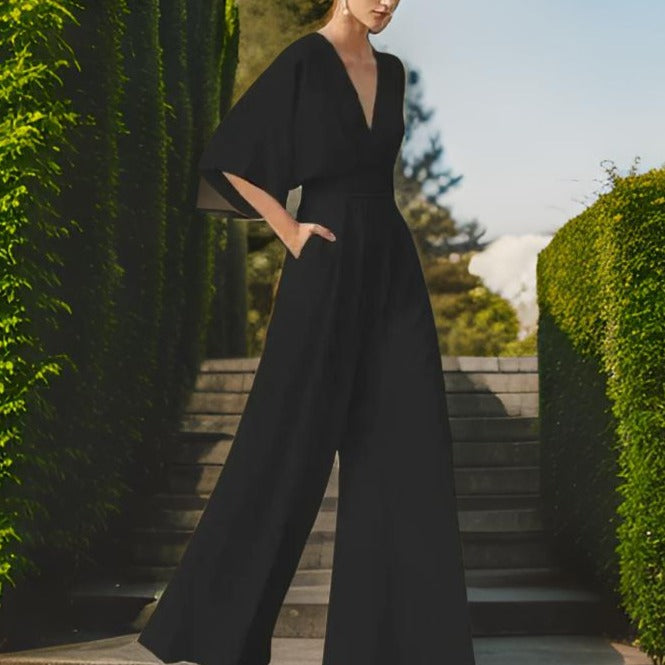 V-neck Jumpsuit with Three-Quarter Sleeves - Aurora Chic-Black-S-The Livary