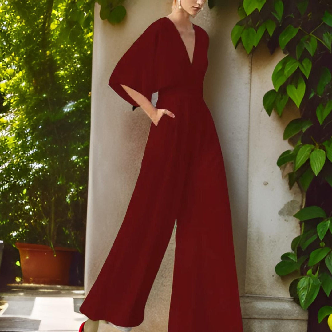 V-neck Jumpsuit with Three-Quarter Sleeves - Aurora Chic-Dark Red-S-The Livary