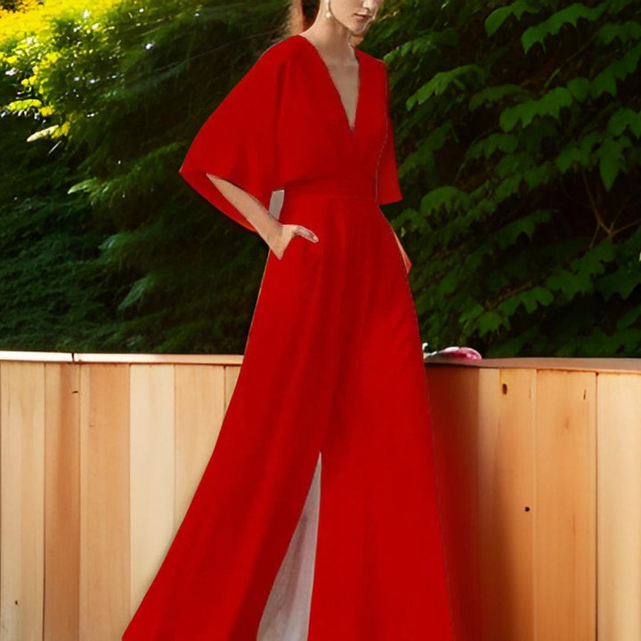 V-neck Jumpsuit with Three-Quarter Sleeves - Aurora Chic-Red-S-The Livary