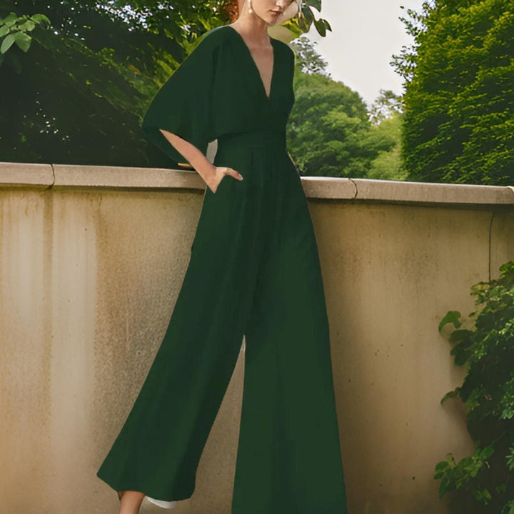 V-neck Jumpsuit with Three-Quarter Sleeves - Aurora Chic-Green-S-The Livary