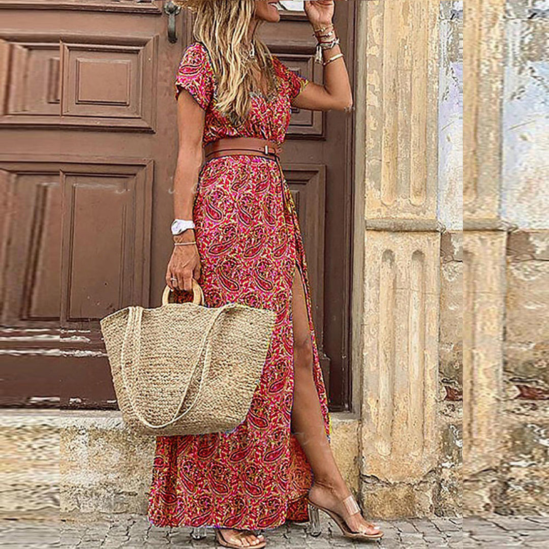 Boho Maxi Dress with Pattern for Women – Thalia-Dark red-S-The Livary