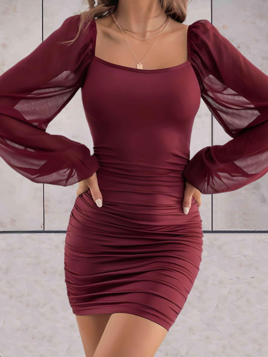 Stylish Mini Dress with Wide Sleeves - Lina-Bordeaux-XS-The Livary
