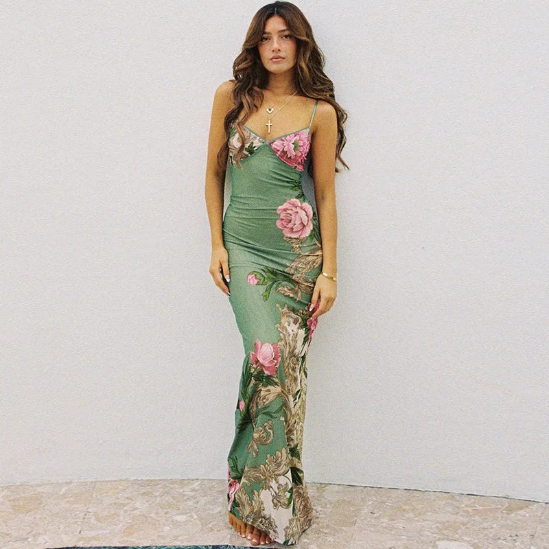 Floral summer maxi dress with V-neck and spaghetti straps - Alina-Green-S-The Livary
