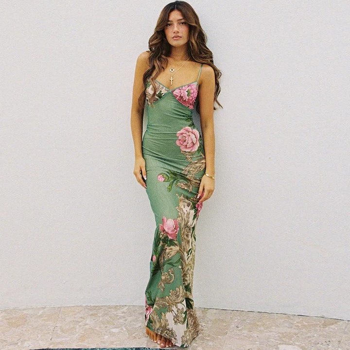 Floral summer maxi dress with V-neck and spaghetti straps - Alina-Green-S-The Livary