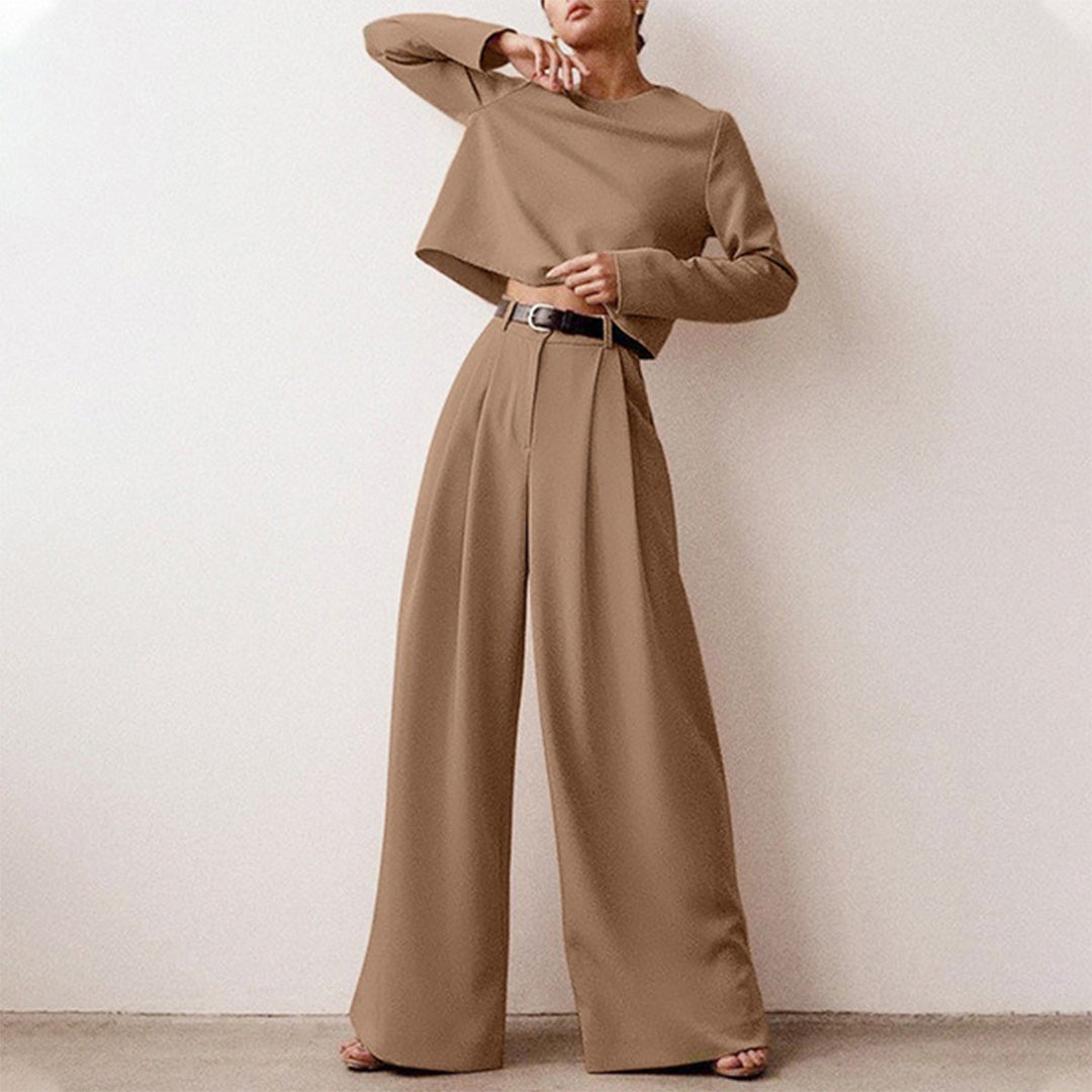 Trendy Two-Piece Palazzo Set - Amara-Khaki-S-The Livary