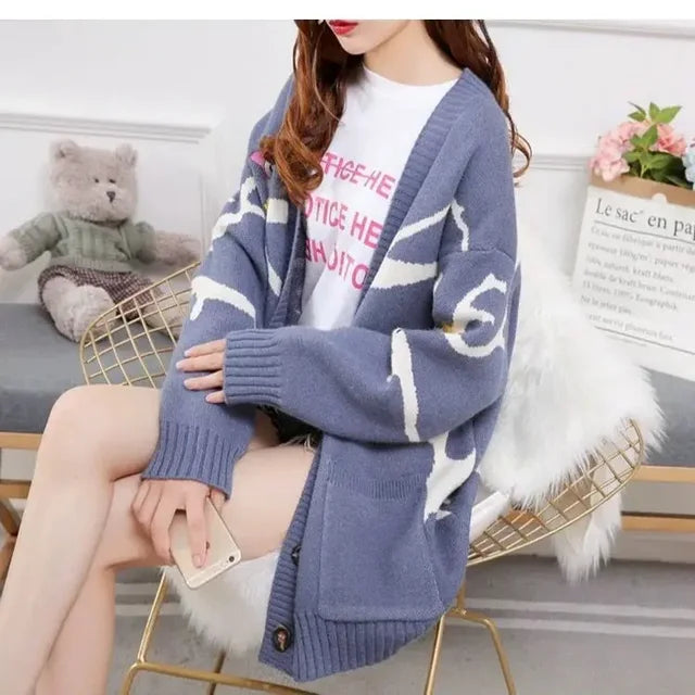 Knitted Cardigan with Playful Print and Button Closure - Nova-Blue-XS-The Livary