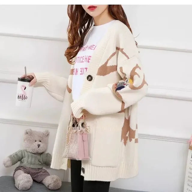 Knitted Cardigan with Playful Print and Button Closure - Nova-Beige-XS-The Livary