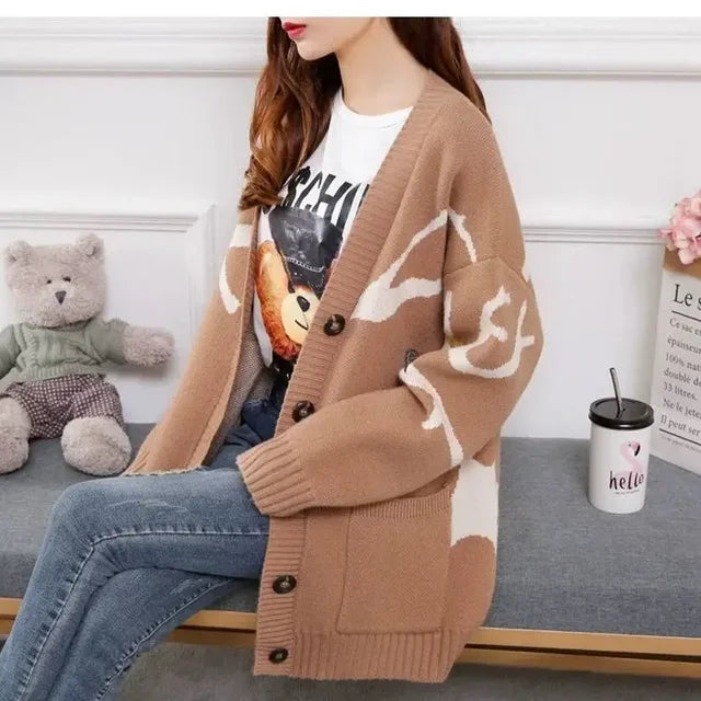 Knitted Cardigan with Playful Print and Button Closure - Nova-Brown-XS-The Livary