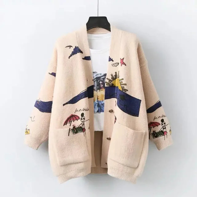 Knitted Cardigan with Playful Print and Button Closure - Nova-Blue-XS-The Livary