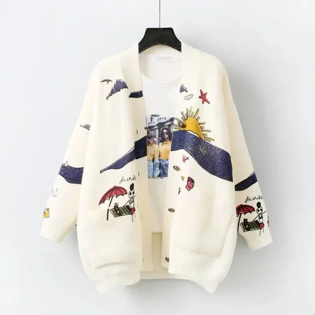 Knitted Cardigan with Playful Print and Button Closure - Nova-White-XS-The Livary