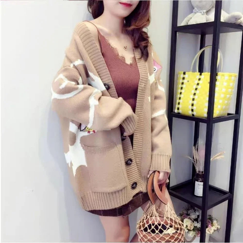 Knitted Cardigan with Playful Print and Button Closure - Nova-Khaki-XS-The Livary