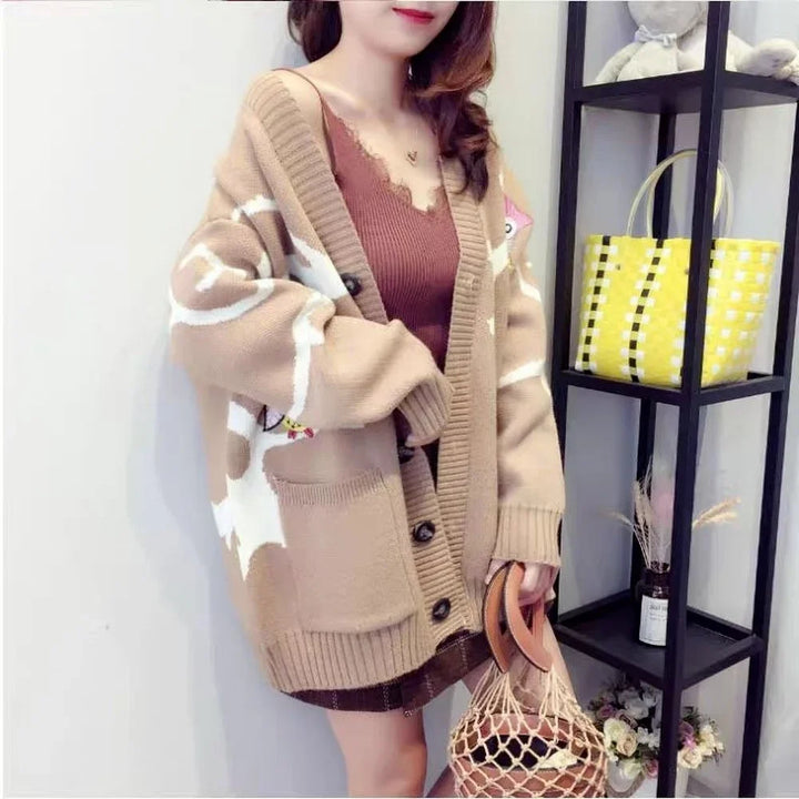 Knitted Cardigan with Playful Print and Button Closure - Nova-Khaki-XS-The Livary