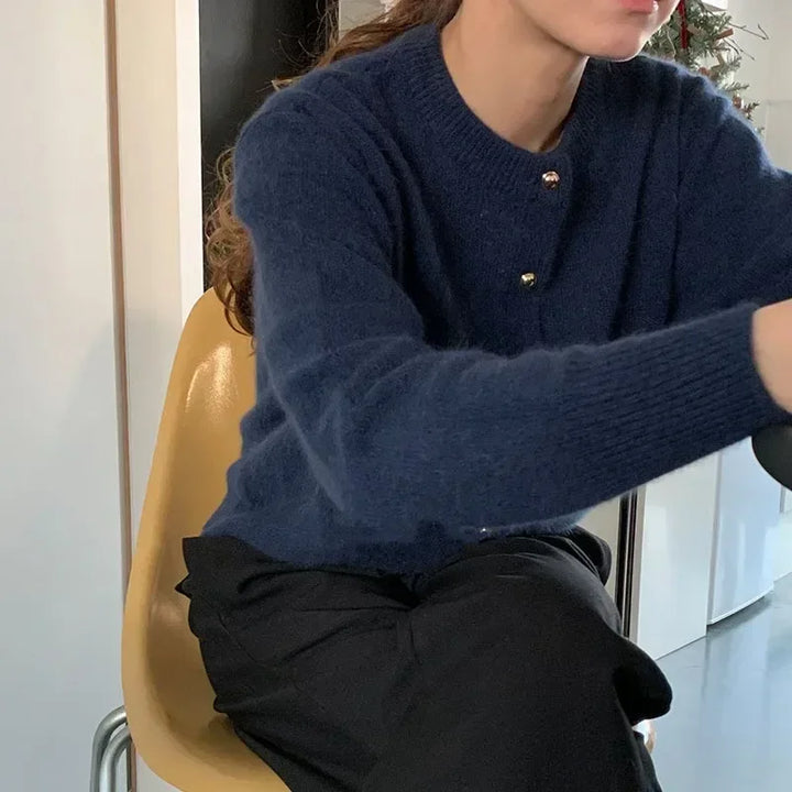 Comfortable Knitted Women's Cardigan with O-neck - Emilia-Dark blue-S-The Livary