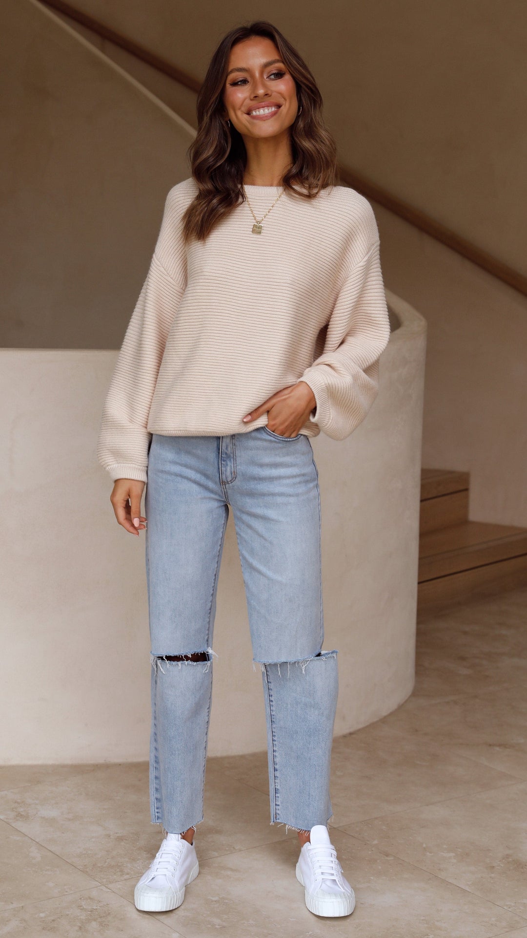 Beige Knitted Women's Sweater - Isabella-Beige-XS-The Livary