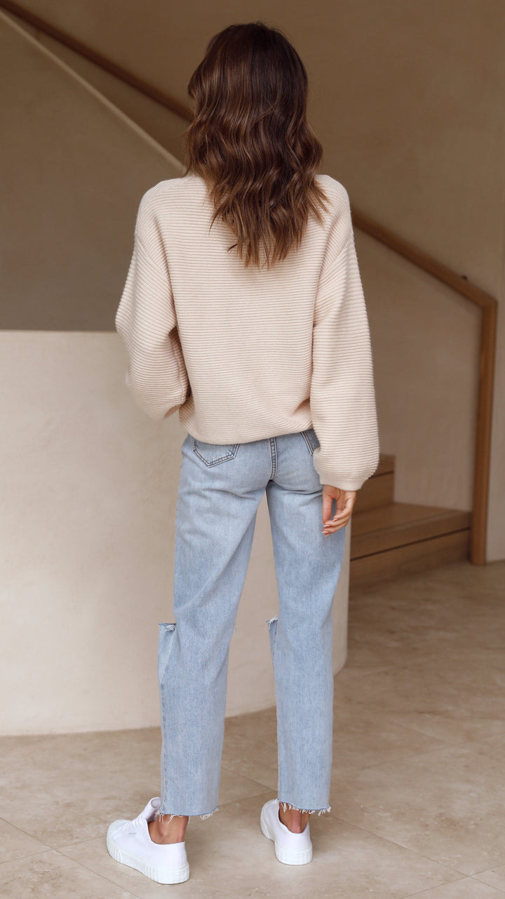 Beige Knitted Women's Sweater - Isabella-Beige-XS-The Livary