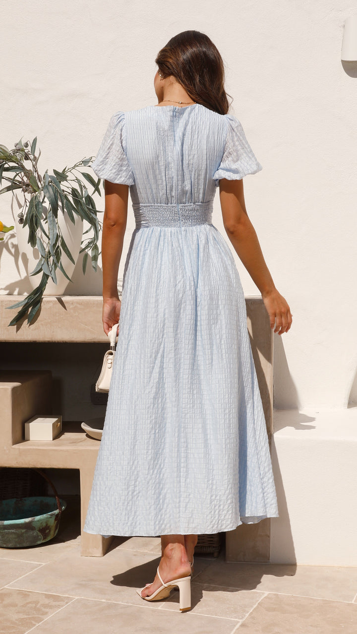 Boho maxi dress with V-neck and button placket – Yara-Blue-S-The Livary