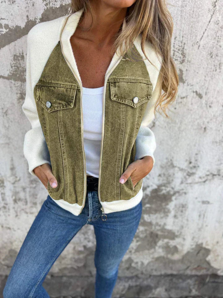 Trendy Denim Jacket - Isaline-Olive green-S-The Livary