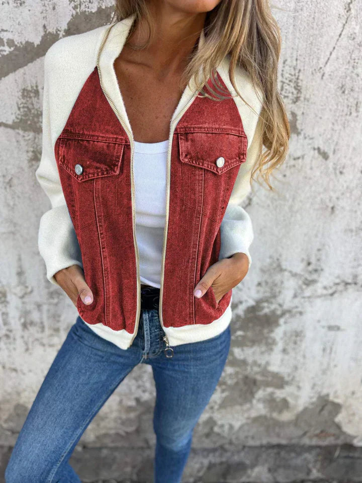 Trendy Denim Jacket - Isaline-Red-S-The Livary