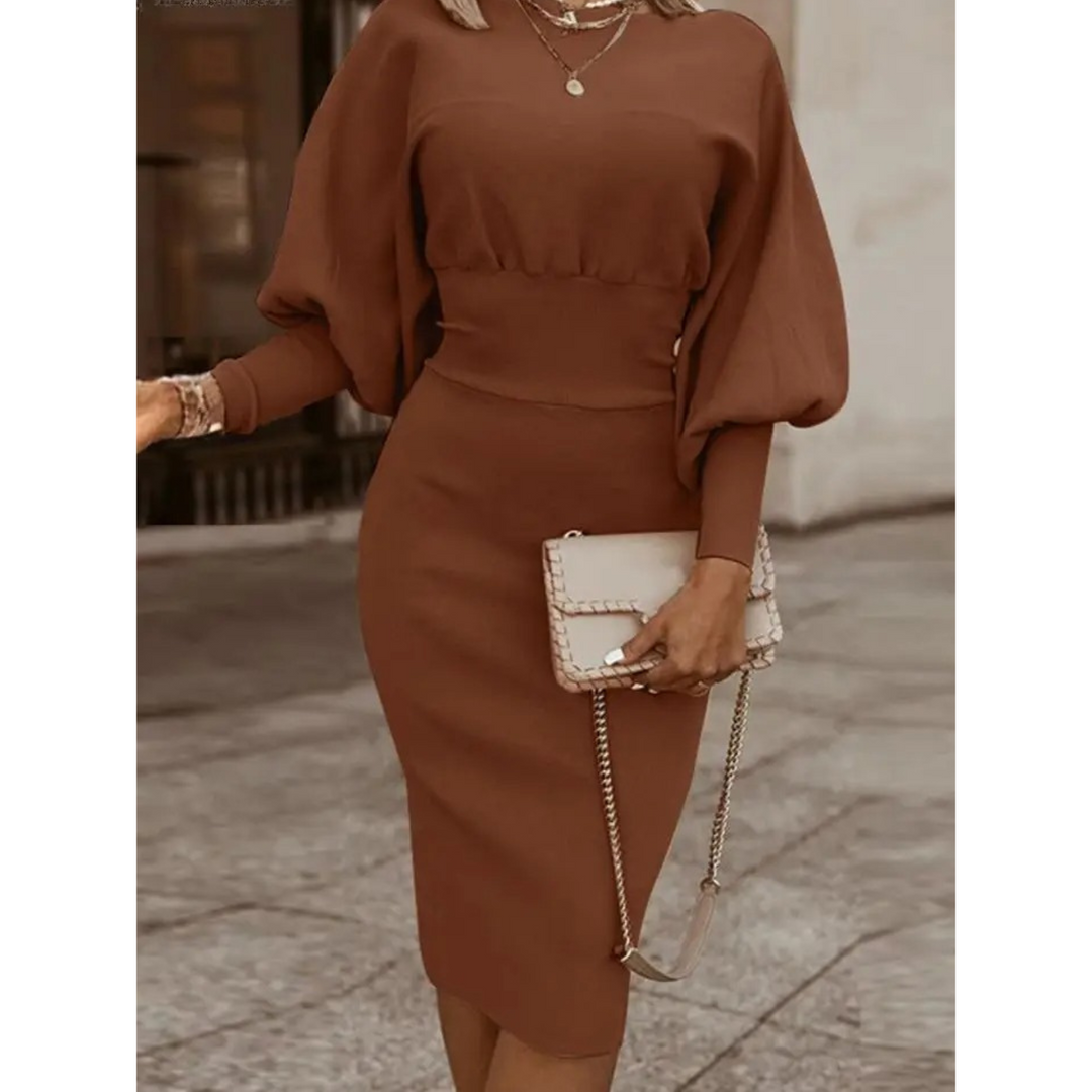 Plain Colour Cocktail Dress with Lantern Sleeves - Lena-Brown-S-The Livary
