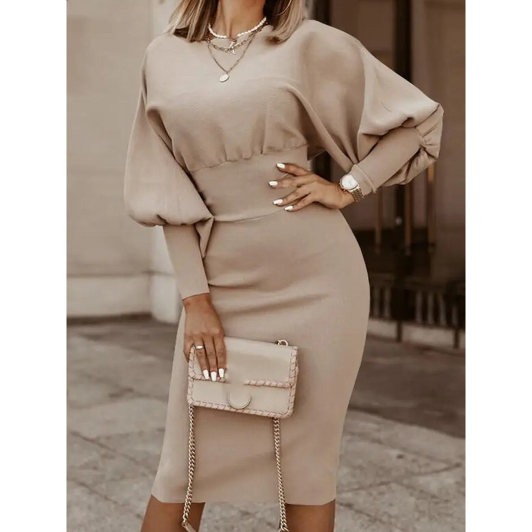 Plain Colour Cocktail Dress with Lantern Sleeves - Lena-Light brown-S-The Livary