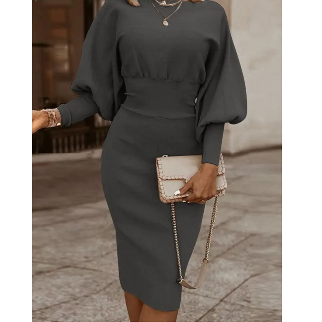 Plain Colour Cocktail Dress with Lantern Sleeves - Lena-Grey-S-The Livary