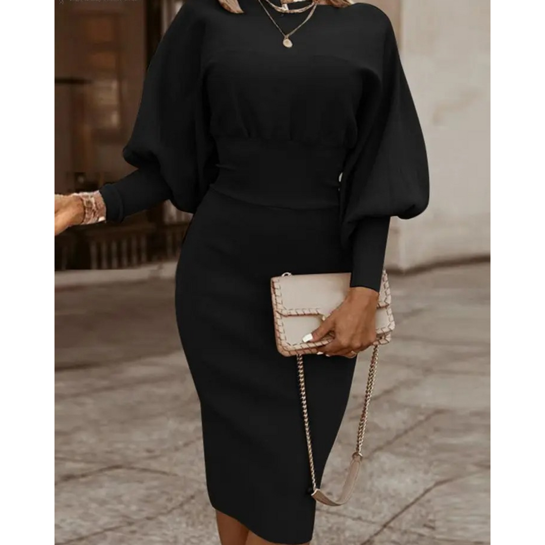 Plain Colour Cocktail Dress with Lantern Sleeves - Lena-Black-S-The Livary