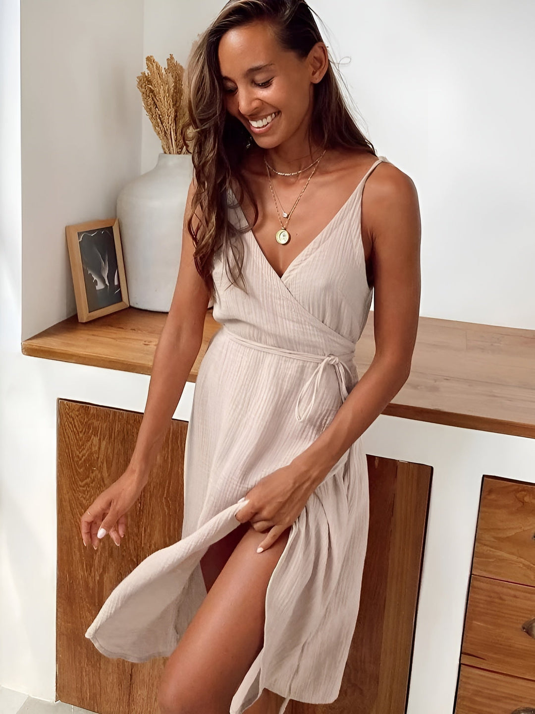 Light summer dress with V-neck – Amira-Beige-S-The Livary