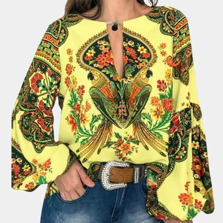 Airy ladies' summer blouse with floral print – Isabelle-Yellow-XS-The Livary