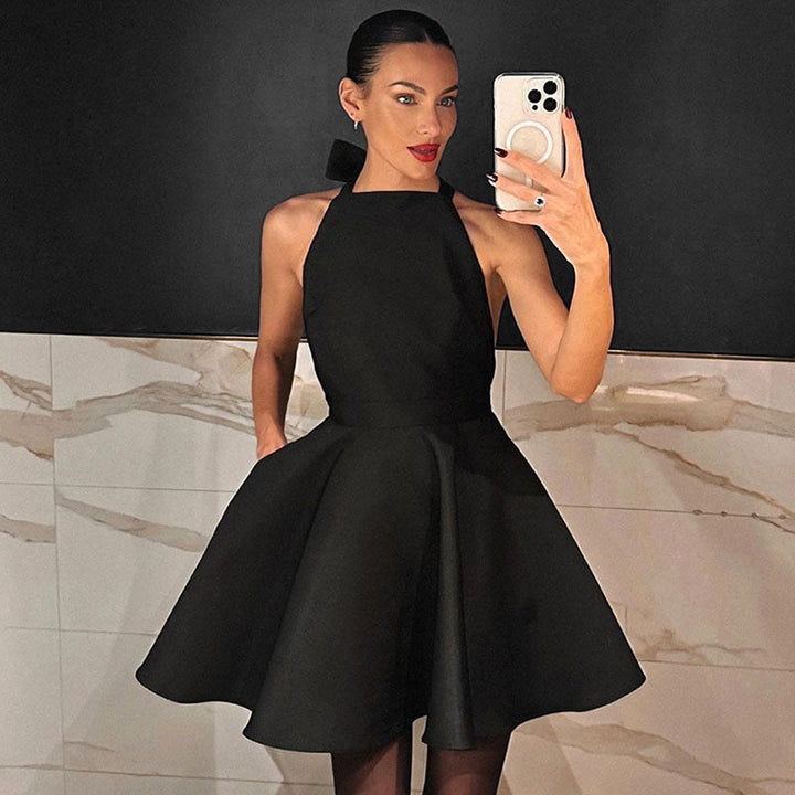 Satin Cocktail Dress with Flared Cut - Valeria-Black-XS-The Livary
