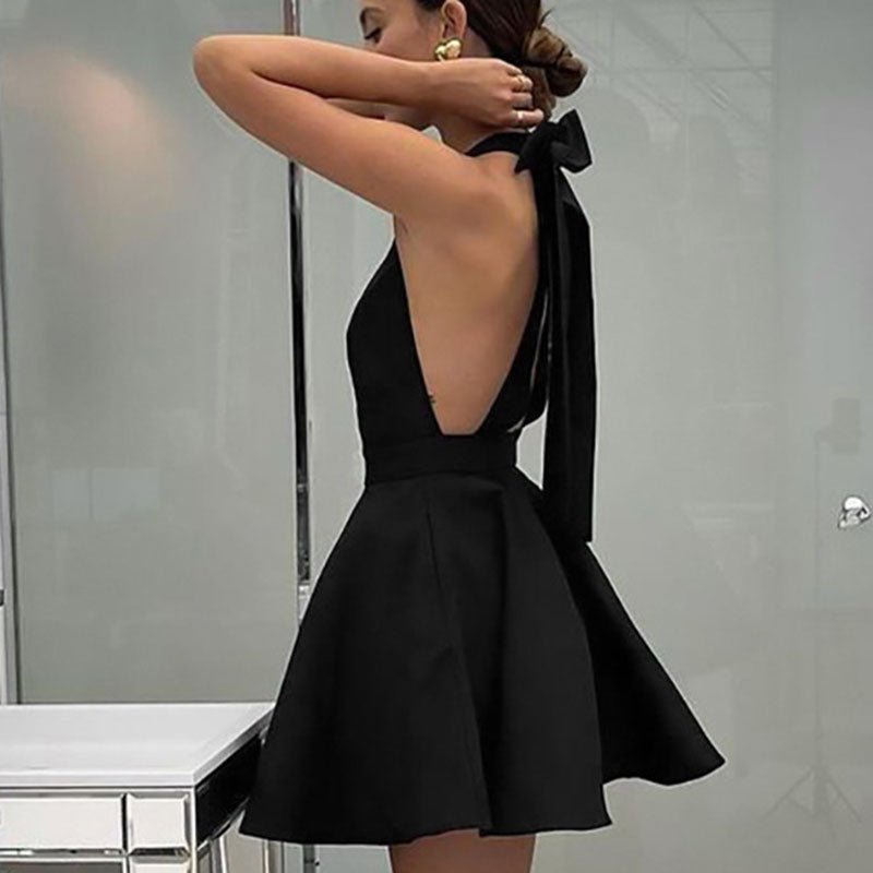 Satin Cocktail Dress with Flared Cut - Valeria-Black-XS-The Livary