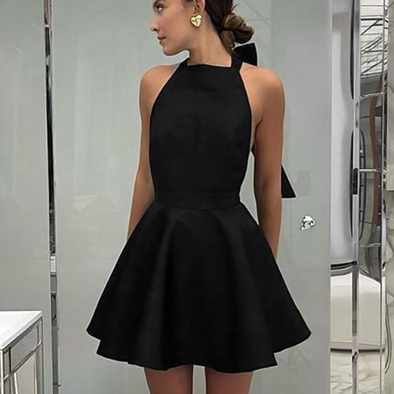 Satin Cocktail Dress with Flared Cut - Valeria-Black-XS-The Livary