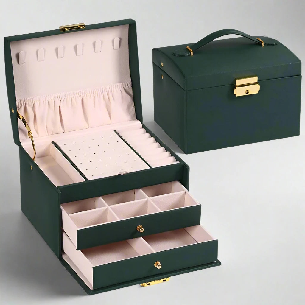 Jewellery box with 3 drawers and luxurious velvet interior – Amylin-Dark green-The Livary