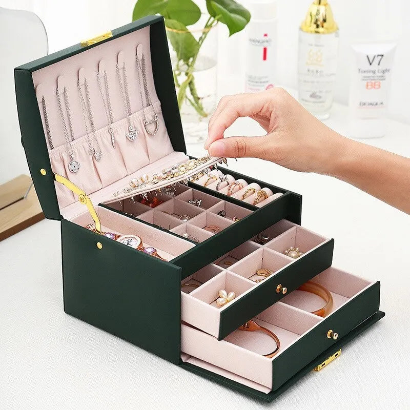 Jewellery box with 3 drawers and luxurious velvet interior – Amylin-Dark green-The Livary