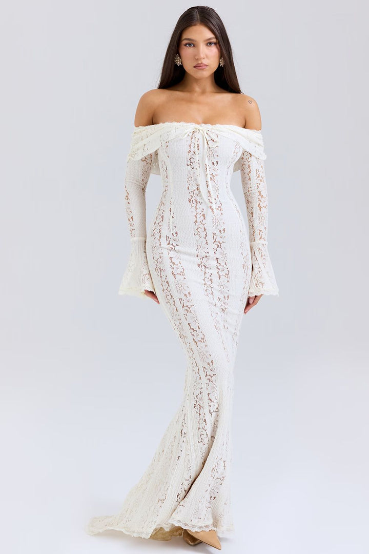 Strapless summer maxi dress made of floral lace for women – Alondra-S-The Livary