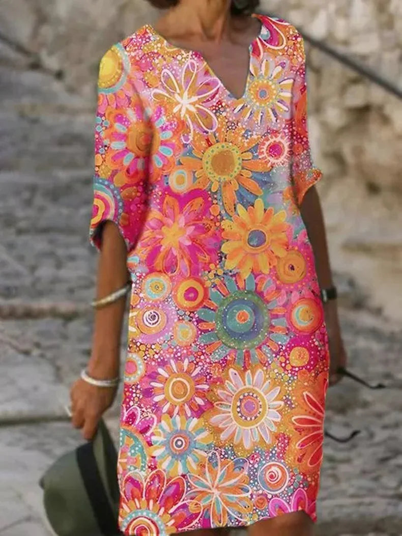 V-Neck Dress with Floral Print - Luna-Pink-S-The Livary