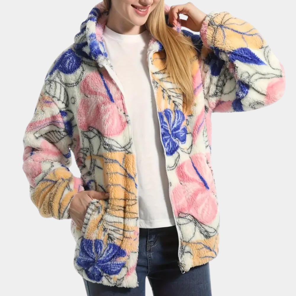 Warm Ladies' Coat with Hood and Floral Print - Elira-XS-The Livary