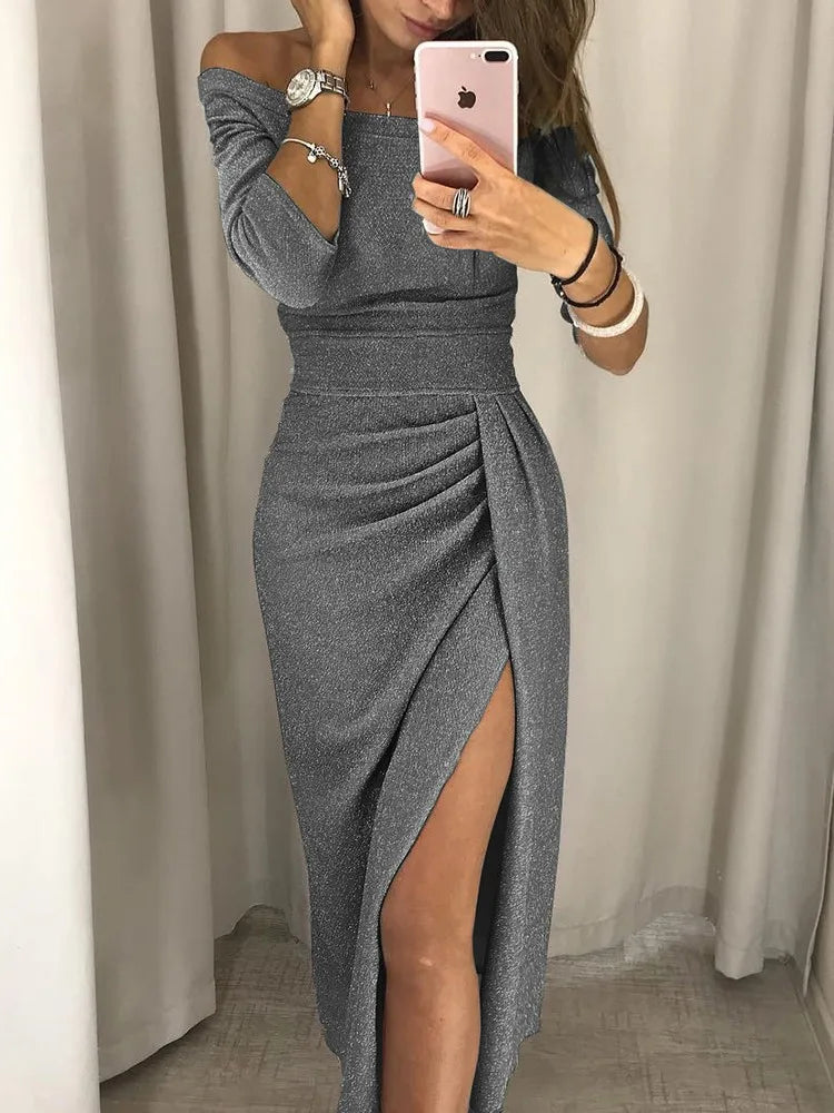 Trendy Off-the-Shoulder Dress - Livia-Gray-S-The Livary