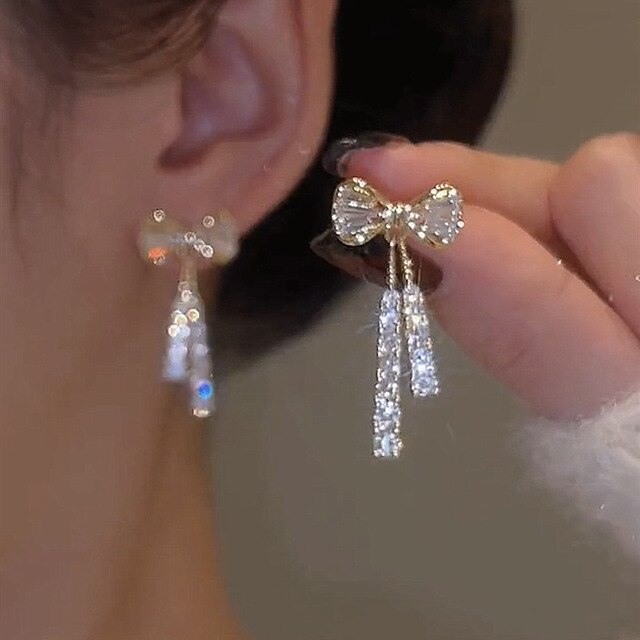 Gold Bow Earrings with Zirconia - Arlette-The Livary