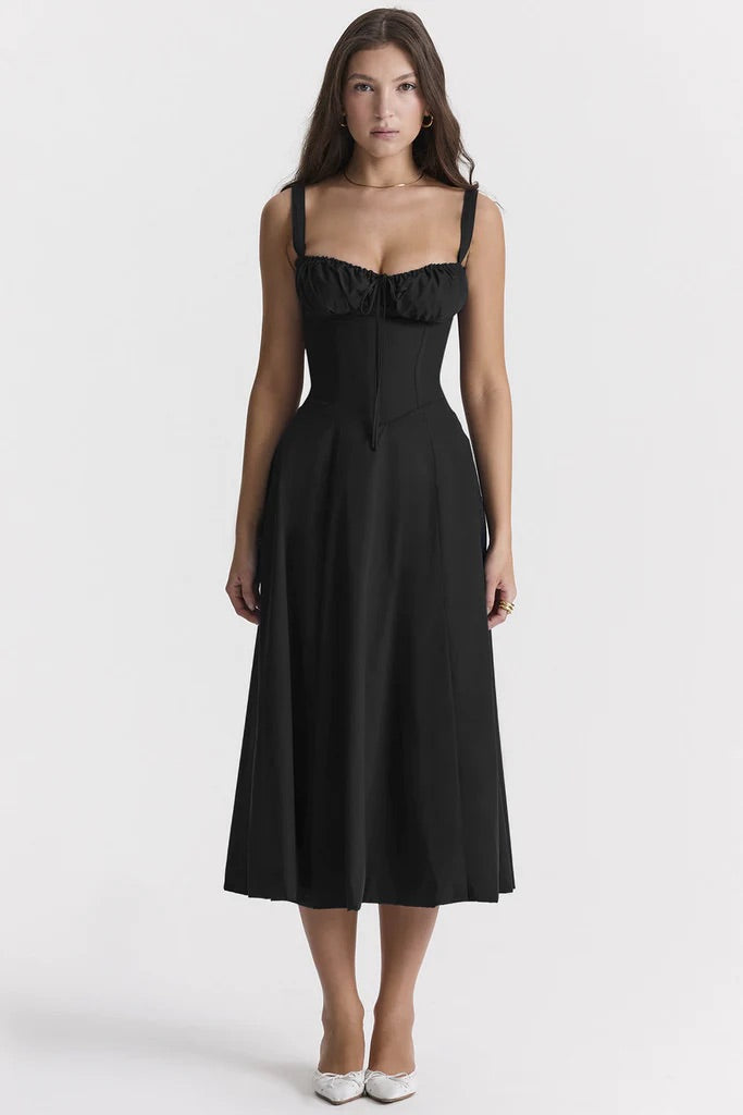 Floral Maxi Dress with Waist Definition - Fleur-Black-S-The Livary