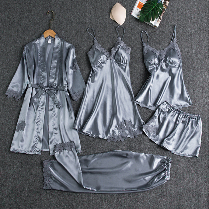 5-Piece Satin Sleep Set with Lace for Women – Liora-Light blue-M-The Livary