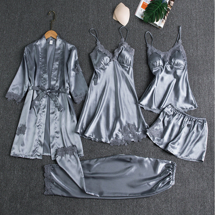 5-Piece Satin Sleep Set with Lace for Women – Liora-Light blue-M-The Livary