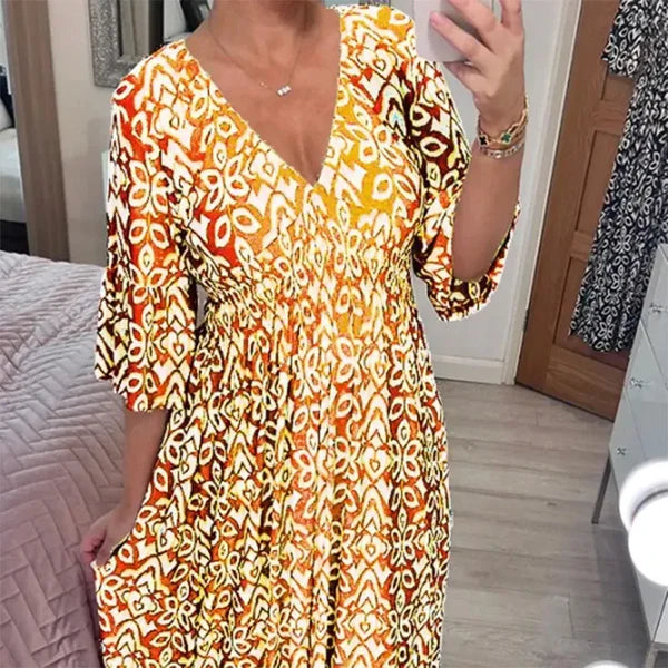 Long Floral Dress with V-neck – Liora-S-Yellow-The Livary