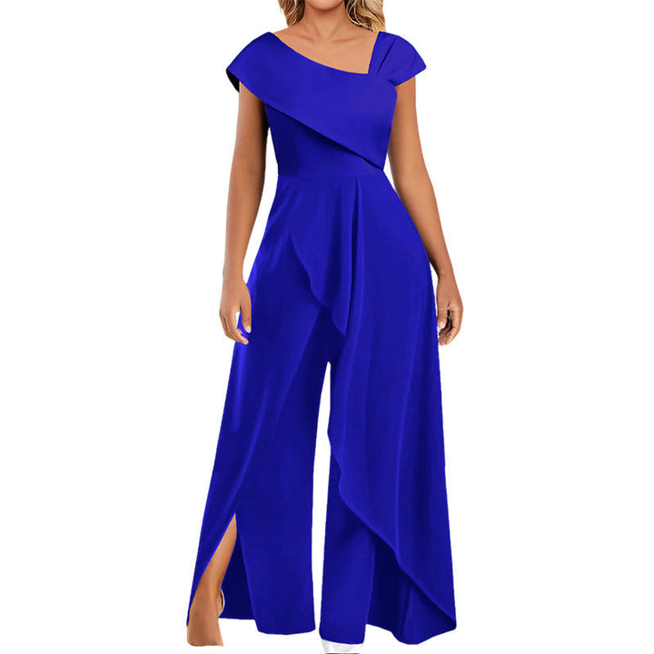 Asymmetrical women's jumpsuit with diagonal collar – Selina-Blue-S-The Livary