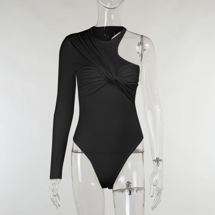 Stylish women's long-sleeve bodysuit with drape effect & figure-hugging cut – Mira-Black-M-The Livary
